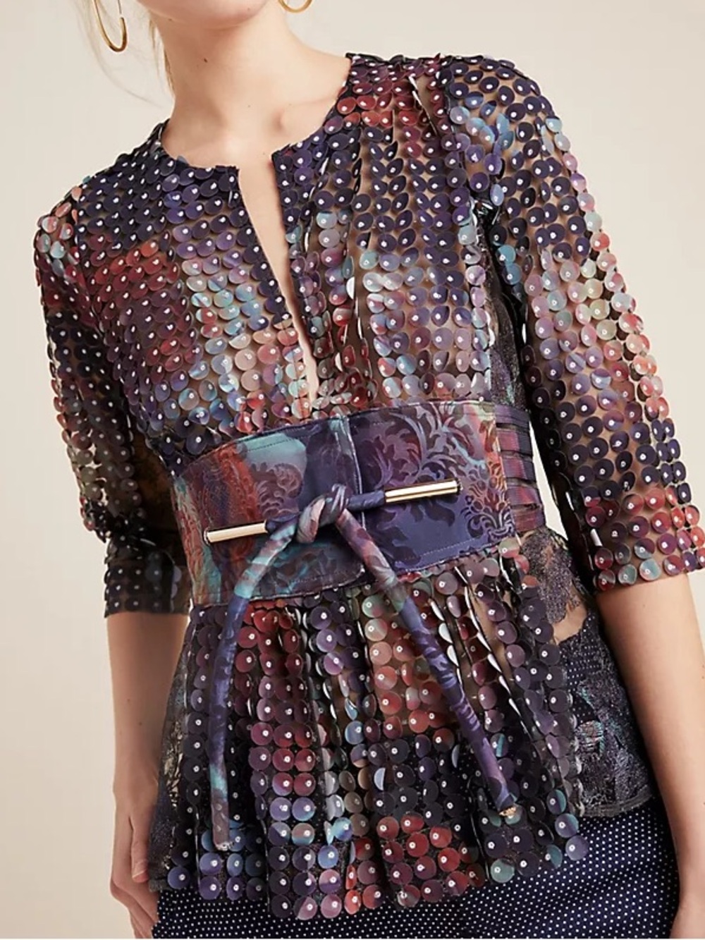 Byron Lars Beauty Mark Mesh Mixed Media Belted Top Size 4